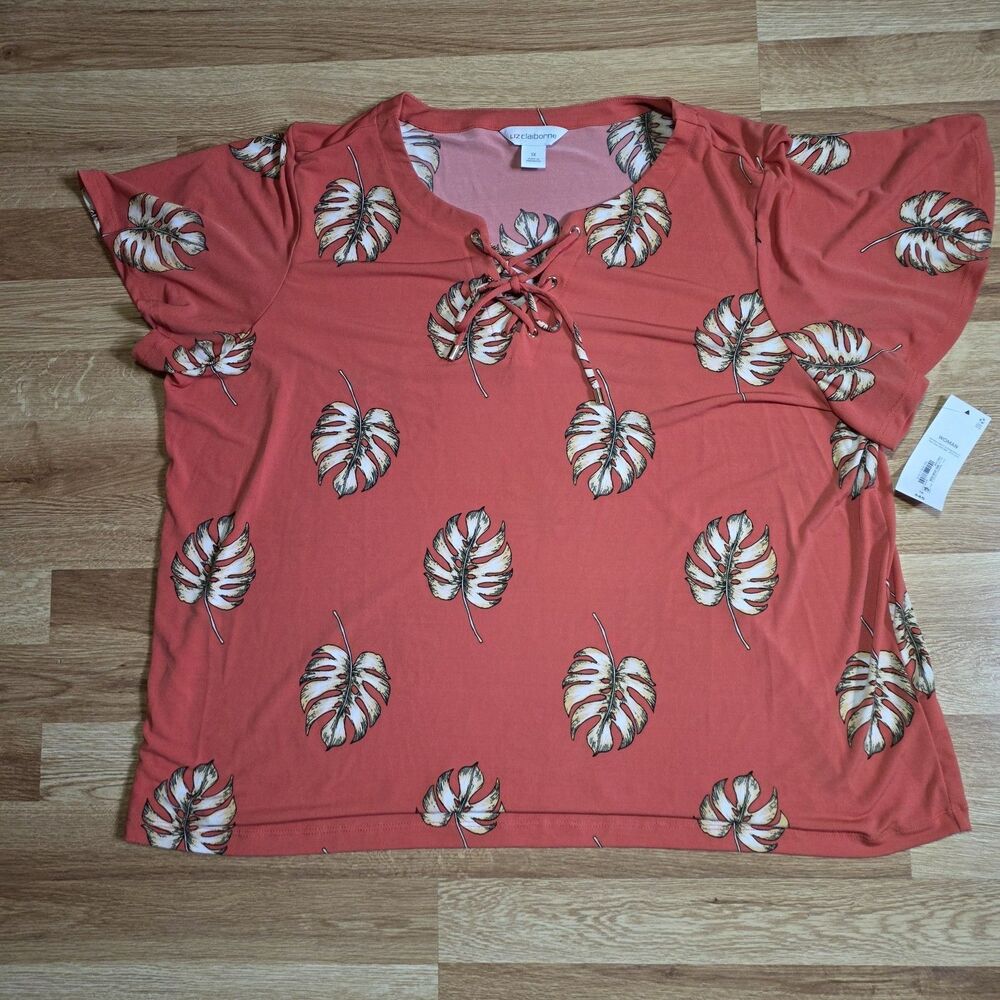 Liz Claiborne Top Women's 1X Orange Leaf Tropical Split Tie-Neck Coastal - NWT